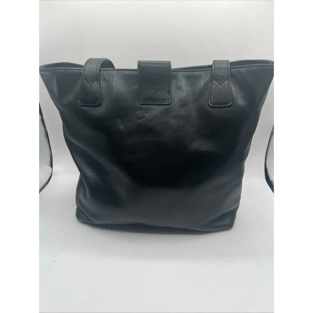 Late 1990s Vintage Chanel Smooth Black Leather Tote Bag Double Shoulder Handles